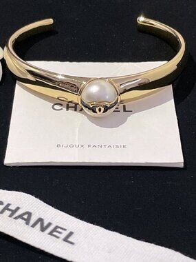 Authentic Chanel Gold Tone Pearl CC Logo Open Cuff Bracelet